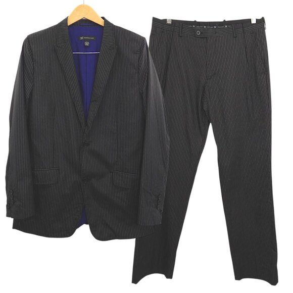 INC Men’s 2 Piece Pinstripe Suit Jacket & Pants Set L 34x32 Gomez Addams Mobster - Picture 1 of 10